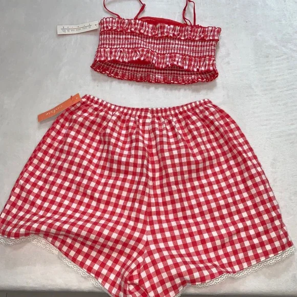 Colsie red white gingham pajamas set smocked spaghetti strap top shorts‎ size XS - Picture 2 of 11